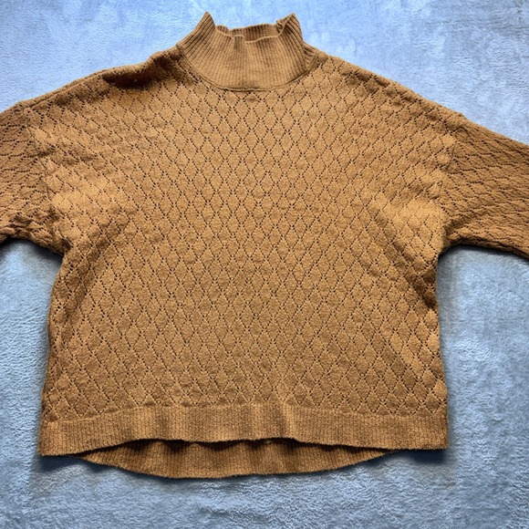 Wonderly Camel Brown Diamond Pointelle Mock Neck Lantern Sleeve Knit Sweater - Picture 5 of 13